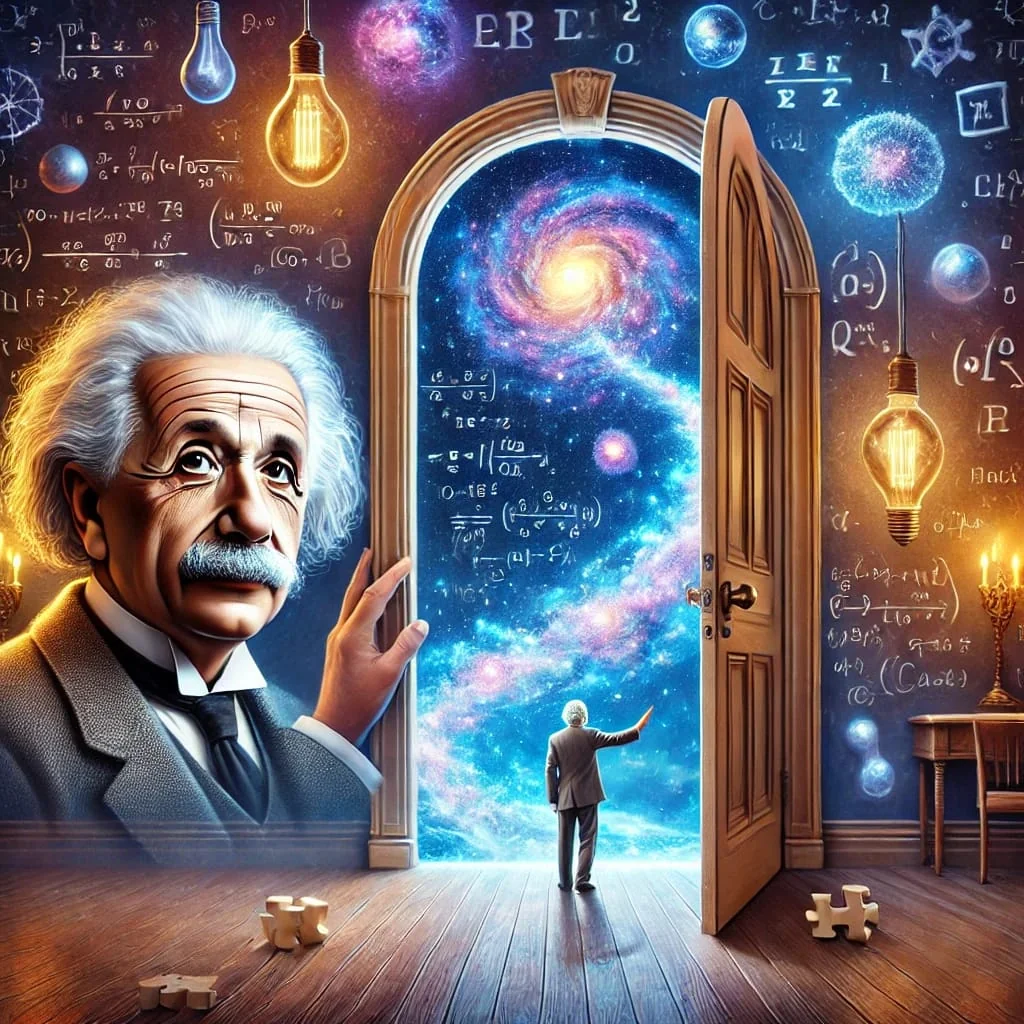 Science-themed cover illustration with Albert Einstein