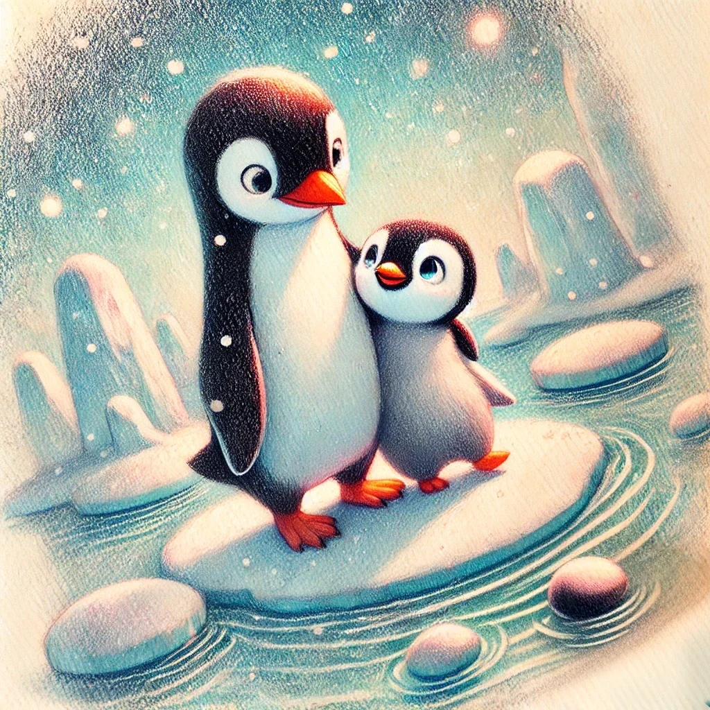 Penguin parent and chick on the ice