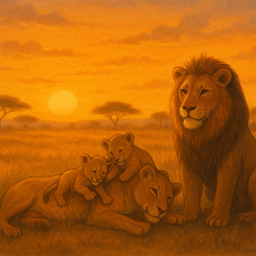 Lion family resting together at sunset